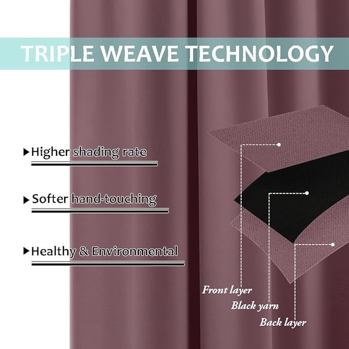 NICETOWN 100% Blackout Short Curtains with Black Liners, 2 Panels, 37" W by 40" L, Dry Rose, Solid Thermal Insulated Full Blackout 2-Layer Lined Drapes, Energy Efficiency Window Draperies for Bedroom