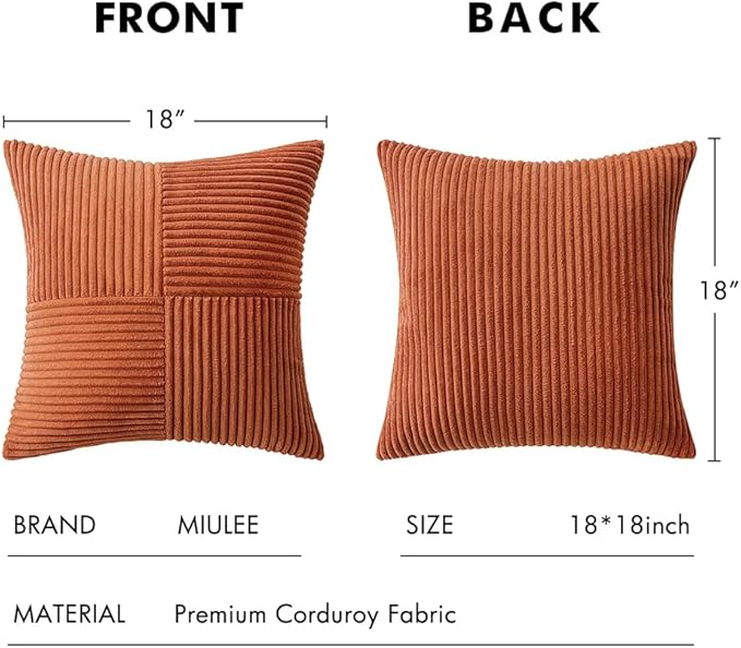 MIULEE Rust Decorative Throw Pillow Covers 18x18 Inch for Couch Bed Sofa Pack of 2 Boho Farmhouse Throw Pillows Soft Cross Corduroy Patchwork Textured Cushion Cases