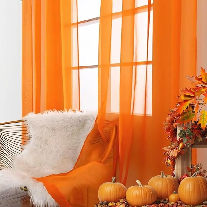 SpaceDresser Basic Rod Pocket Sheer Voile Window Curtain Panels White 1 Pair 2 Panels 38 Width 54 Inch Long for Kitchen Bedroom Children Living Room Yard(Orange,38 W x 54 L)