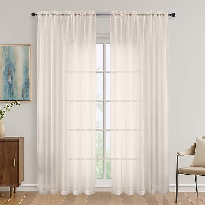 OVZME Cream Sheer Curtains 84 Inches Long 2 Panels Set, Light Filtering Sheer Curtains for Living Room Bedroom 59 Inch Extra Wide, Modern Voile Filmy Rod Pocket Window Drapes, 59Wx84L Inches