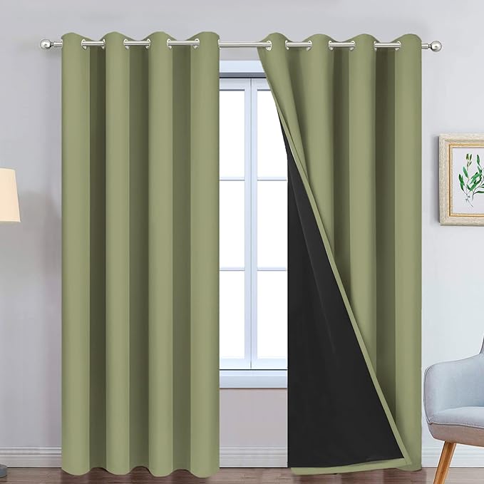 Yakamok Total Blackout Curtains, 2 Thick Layers Completely Blackout Thermal Insulated Drapes with Black Liner for Bedroom(52Wx84L, Sage, 2 Panels)