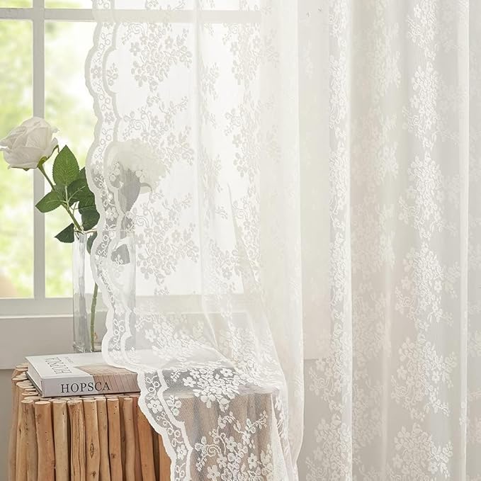 YJ YANJUN Vintage Lace Curtains - Fancy Flower Pattern Ivory 102 Inch Long Curtain Panels for for Patio Sliding Door Bedroom Counrty Cream Light Filtering Drapes 2 Panels Set,52x102 Inch Off White