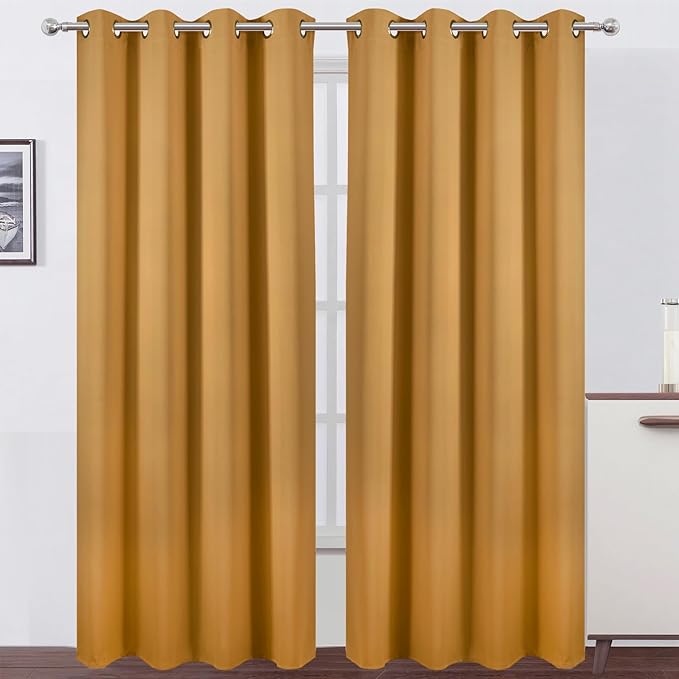 LEMOMO Blackout Curtains 52 x 90 inches Long Mustard Yellow Curtains Set of 2 Panels Thermal Insulated Room Darkening Curtains for Bedroom