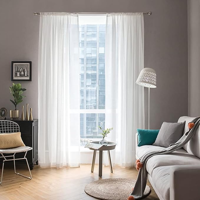 MIULEE 2 Panels Solid Color White Sheer Window Curtains Elegant Window Voile Panels/Drapes/Treatment for Bedroom Living Room (54 X 94 Inches White)