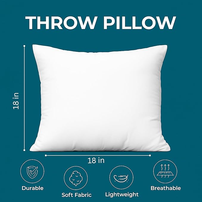 LANE LINEN 18 x 18 Throw Pillow Insert - Pack of 2 White, Down Alternative Pillow Inserts for Decorative Pillow Covers, Throw Pillows for Bed, Couch Pillows for Living Room