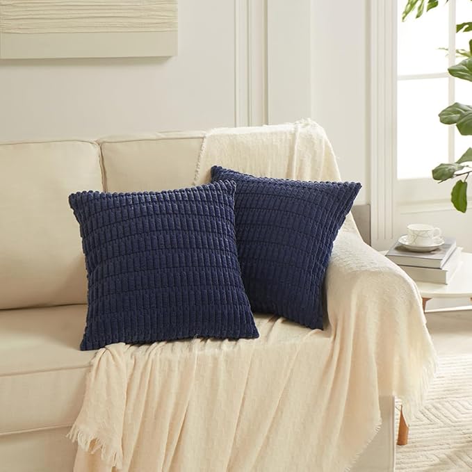 Fancy Homi 4 Packs Navy Blue Decorative Throw Pillow Covers 18x18 Inch for Living Room Couch Bed Sofa, Rustic Modern Farmhouse Boho Home Decor, Soft Plush Corduroy Square Cute Cushion Case 45x45 cm