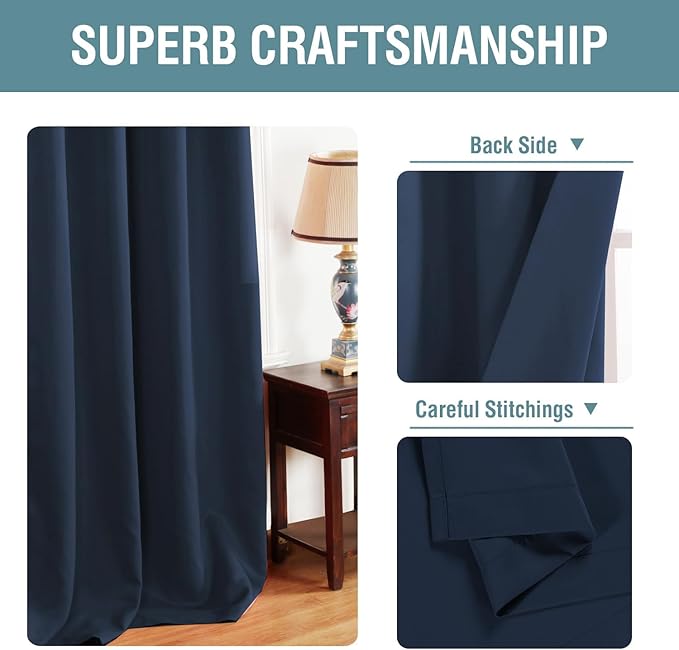 H.VERSAILTEX Blackout Curtain for Living Room Extra Long, Thermal Insulated Bedroom Curtains Grommet Top, Noise Reducing Patio Door Curtain - Navy Blue, One Panel, 52'W x 120'L