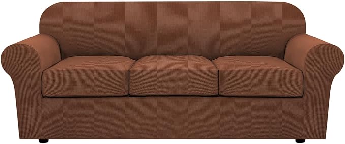 H.VERSAILTEX 4 Piece Stretch Sofa Covers for 3 Cushion Couch Covers for Living Room Furniture Slipcovers (Base Cover Plus 3 Seat Cushion Covers) Upgraded Thicker Jacquard Fabric (Sofa, Caramel)