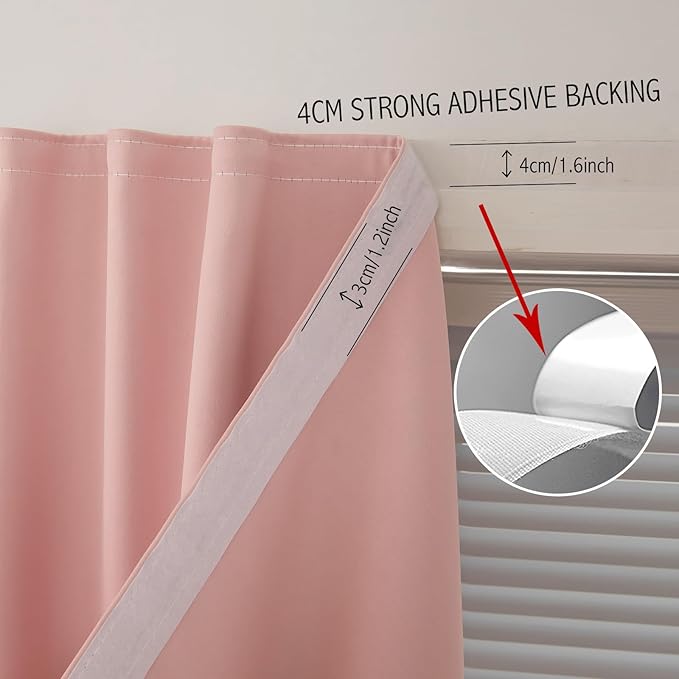 Self Adhesive Blackout Curtains- Stick on Curtains Shades Window Blinds Curtains No Rod Needed Easy to Hang Curtain, Use for Bedroom, Living Room,Roman Shades, 59" W X 71" L, Pink, 1 Panel