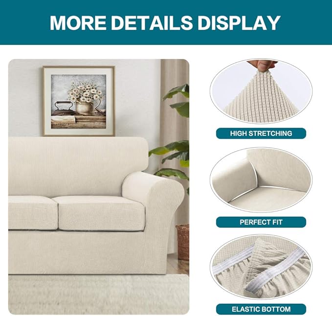 Turquoize 4 Piece Sofa Covers For 3 Cushion Couch Sofa Slipcover Soft Couch Cover For Dogs-Washable Sofa Furniture Covers With 3 Individual Large Cushion Covers Feature Fabric (XL Sofa,Biscotti Beige)