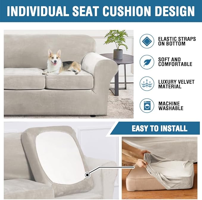 H.VERSAILTEX Modern Velvet Plush 4 Piece High Stretch Sofa Slipcover Sofa Cover Furniture Protector Form Fit Luxury Thick Velvet Sofa Cover for 3 Cushion Couch Width Up to 90 Inch (Sofa, Oatmeal)