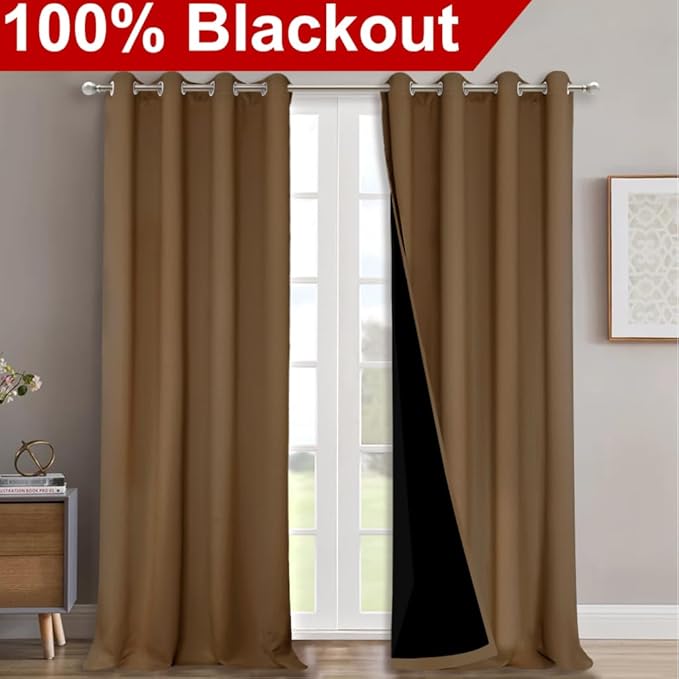 NICETOWN 100% Blackout Curtains for Windows, Pack of 2, Gold Brown, 52" W x 102" L, Super Heavy-Duty Black Lined Total Darkness Drapes for Bedroom, Privacy Assured Window Treatment for Patio