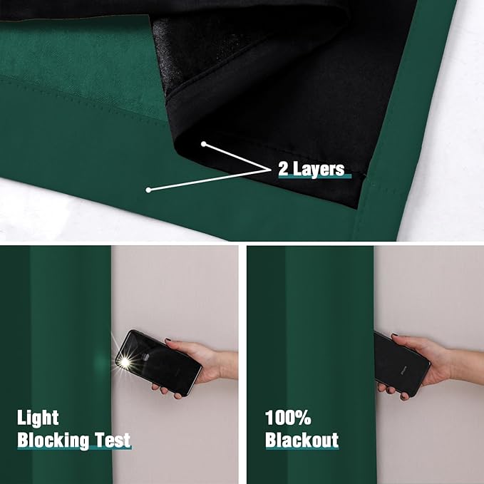 ChrisDowa 100% Blackout Curtains for Bedroom with Black Liner, 2 Thick Layers Total Blackout Thermal Insulated Grommet Window Curtains 2 Panels Set (Forest Green, 52 x 45 Inch)