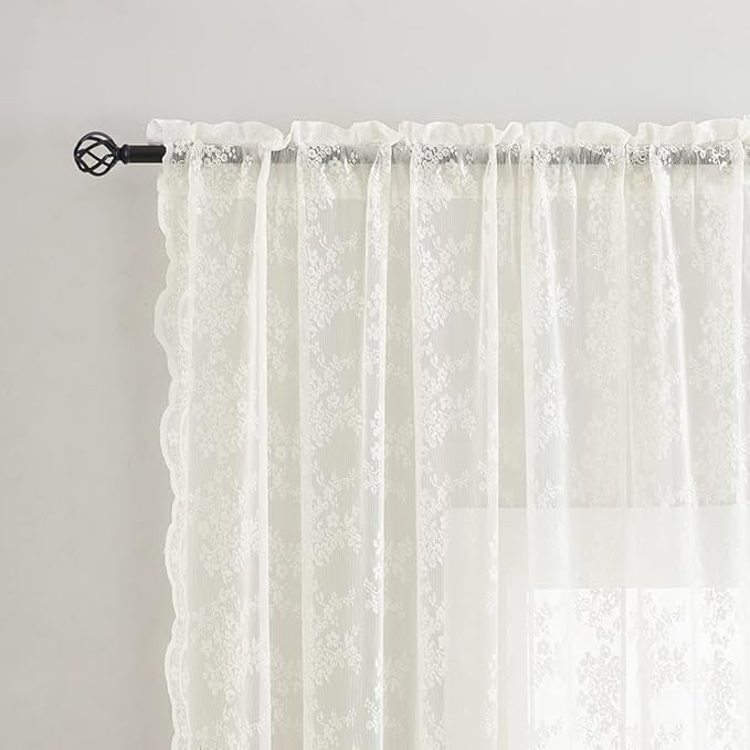 YJ YANJUN Vintage Lace Curtains 45 Inch Length- Victorian Country Floral Short Voile Sheer Kitchen Cafe Curtains Old House Privacy Bathroom Window Drapes 52W x 45L inch Ivory