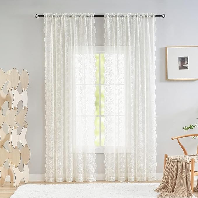 YJ YANJUN Vintage Lace Curtains 92 Inches Long-Victorian Floral Pattern Ivory Sheer Panels Light Filtering Cream Gauze Curtain for Living Room Bedroom Boho Farmhouse Decor 52x92 Cream/Ivory