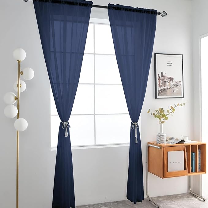 SpaceDresser Sheer Voile Window Treatment Rod Pocket Curtain Panels for Kitchen Bedroom Living Room Drapes Sunlight Filtering Privacy Semi Home Decor Assorted Colors Sizes (Navy, 52 W x 108 L)