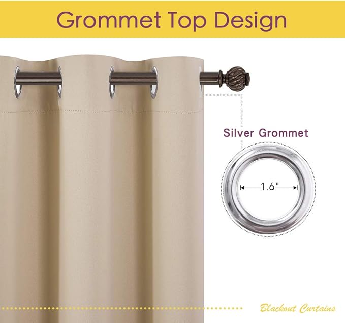 NICETOWN Blackout Farmhouse Curtains, Biscotti Beige, Set of 2, 34 by 80 Inch, Thermal Insulated Solid Grommet Vertical Drapes Room Darkening Window Treatments for Bedroom