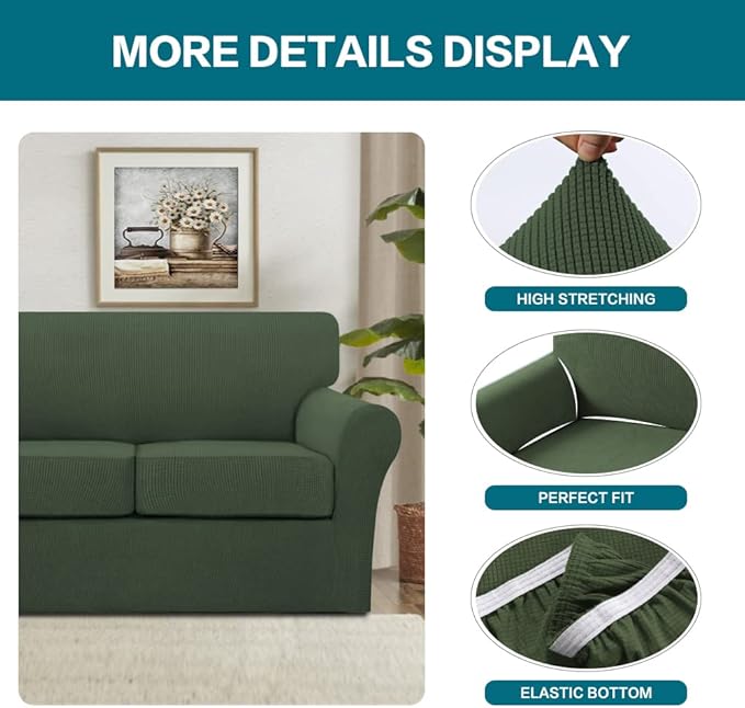 Turquoize 3 Piece Sofa Covers for 2 Cushion Couch Sofa Slipcover Soft Couch Cover for Dogs-Washable Sofa Furniture Covers with 2 Individual Cushion Covers, Feature Fabric (2 Cushion Sofa,Bronze Green)