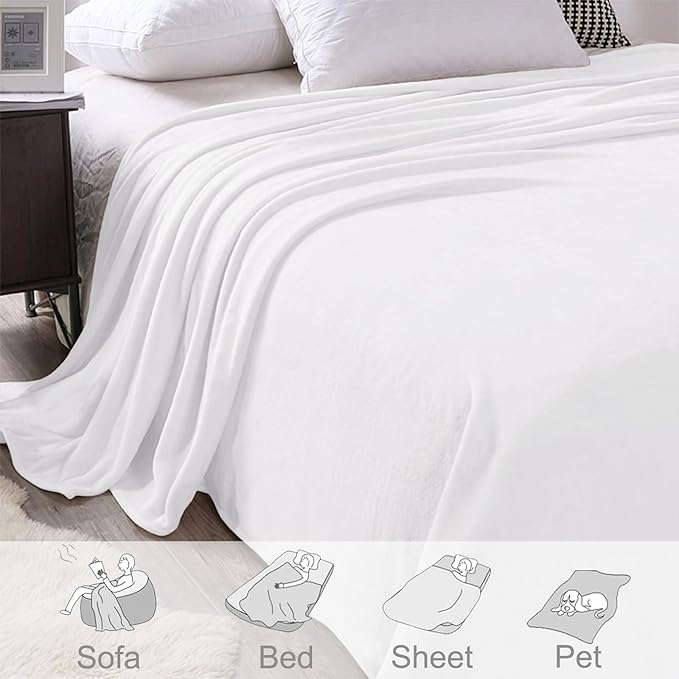 Exclusivo Mezcla Fleece Blanket Twin Size for Bed, Super Soft and Warm, All Season, Cozy, Plush, Lightweight, 90x66 Inches, Pure White