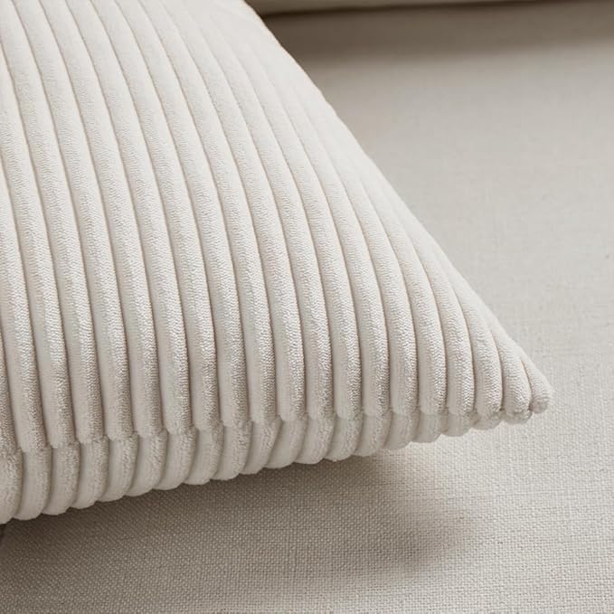 Fancy Homi 2 Packs Cream Long Lumbar Decorative Throw Pillow Covers 12x24 Inch for Couch Bed Sofa, Rustic Farmhouse Boho Home Decor, Soft Striped Corduroy Rectangle Accent Cushion Case 30x60 cm