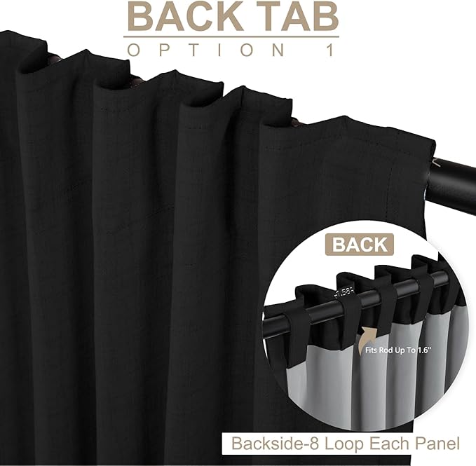 100% Blackout Shield Linen Blackout Curtains for Bedroom 108 Inches Long, Back Tab/Rod Pocket Living Room Drapes, Thermal Insulated Blackout Curtains 2 Panels Set, 50" W x 108" L, Black