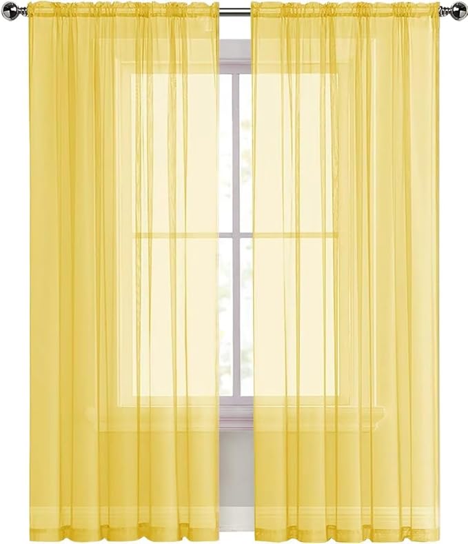 SpaceDresser Sheer Voile Window Treatment Rod Pocket Curtain Panels for Kitchen Bedroom Living Room Drapes Sunlight Filtering Privacy Semi Home Decor Assorted Colors Sizes (Yellow, 52 W x 72 L)