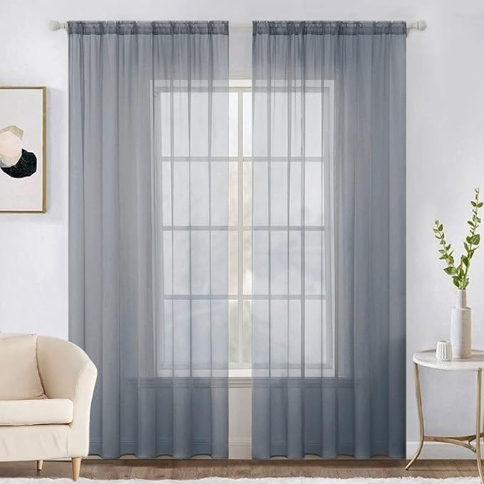 MIULEE 2 Panels Solid Color Sheer Window Curtains Elegant Window Voile Panels/Drapes/Treatment for Bedroom Living Room (54X96 Inches Dark Grey)