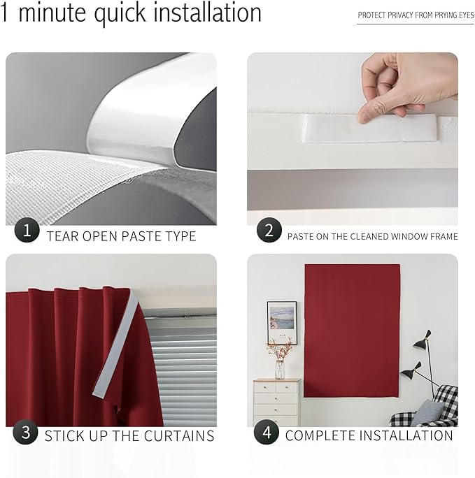 Self Adhesive Curtains, Stick Curtain Blackout Shades Window Cover Curtains for Living Room No Drilling, 47" W X 59" L, Burgundy, 1 Panel