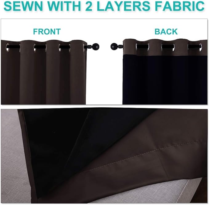 NICETOWN 100% Blackout Curtains for Windows, Pack of 2, Brown, 52 inches W x 102 inches L, Super Heavy-Duty Black Lined Total Darkness Drapes for Bedroom, Privacy Assured Window Treatment for Patio