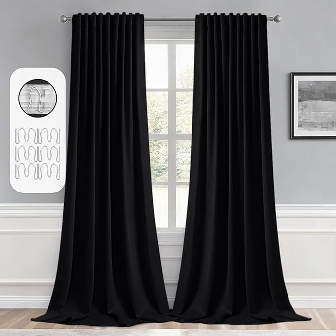 MIULEE Back Tab Blackout Curtains 108 Inch Long 2 Panels Set for Living Room Bedroom, Halloween Black Rod Pocket/Pinch Pleated Extra Long Thermal Insulated Room Darkening Light Blocking Curtain/Drapes