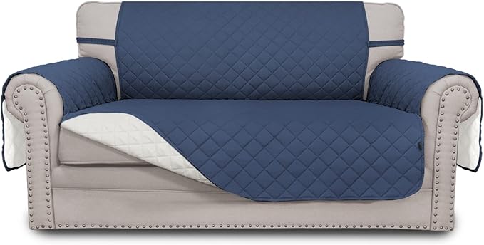 Easy-Going Reversible Loveseat Couch Cover for 2 Cushion Couch Sofa Cover for Dogs Water Resistant Furniture Protector with Foam Sticks Elastic Straps for Pet (Loveseat, Dark Blue/Ivory)