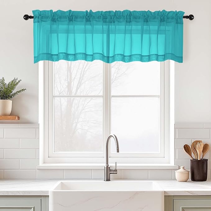 Valances for Windows 14 inch Length 2 Panels, Small Voile Sheer Curtains for Bathroom, Soft Fabric Lightweight Light Filtering Kitchen Curtains, Dual Rod Pocket, Turquoise, 2x42Wx14L Inches