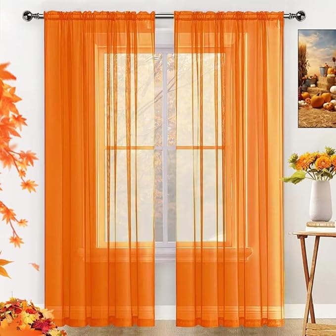 SpaceDresser Basic Rod Pocket Sheer Voile Window Curtain Panels White 1 Pair 2 Panels 60 Width 84 Inch Long for Kitchen Bedroom Children Living Room Yard(Orange,60 W x 84 L)