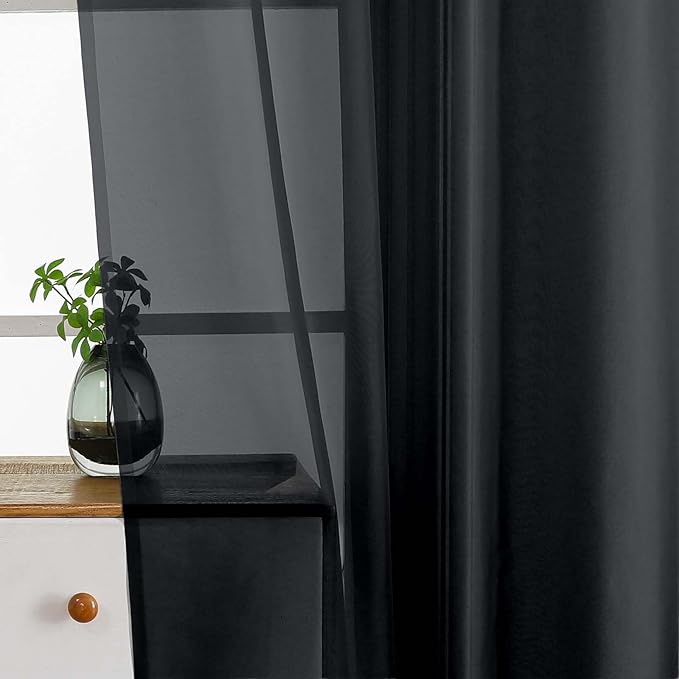 Black Small Sheer Curtains 2 Panels Set, Kitchen Curtains 36 Inch Length, Elegant Light Filtering Short Window Drapes for Living Room Bedroom, Dual Rod Pocket Design, 2x42Wx36L Inches