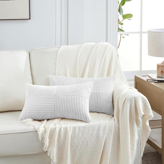 Fancy Homi 2 Packs White Lumbar Decorative Throw Pillow Covers 20x28 Inch for Living Room Couch Bed Sofa, Rustic Farmhouse Boho Home Decor, Soft Striped Corduroy Rectangle Accent Cushion Case 50x70 cm