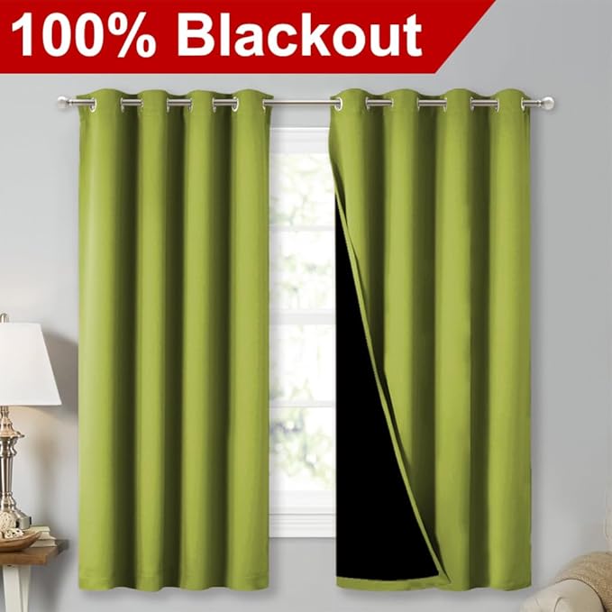NICETOWN 100% Blackout Curtains 45 inches Long, Fresh Green, 1 Pair, 52 inches Width Each Panel, 2 Thick Layers Completely Blackout Window Treatment Thermal Insulated Lined Drapes for Small Window