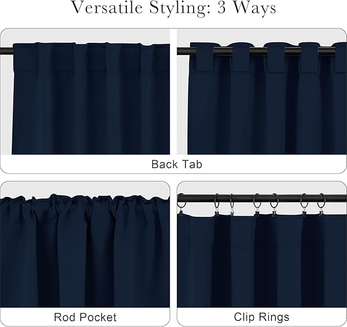 Pony Dance Blackout Curtains Thermal Insulated Window Treatment Panels Room Darkening Shade Drapes for Living Room Back Tab/Rod Pocket Bedroom Draperies, 34 x 63 Inch, Navy Blue, 2 Panels