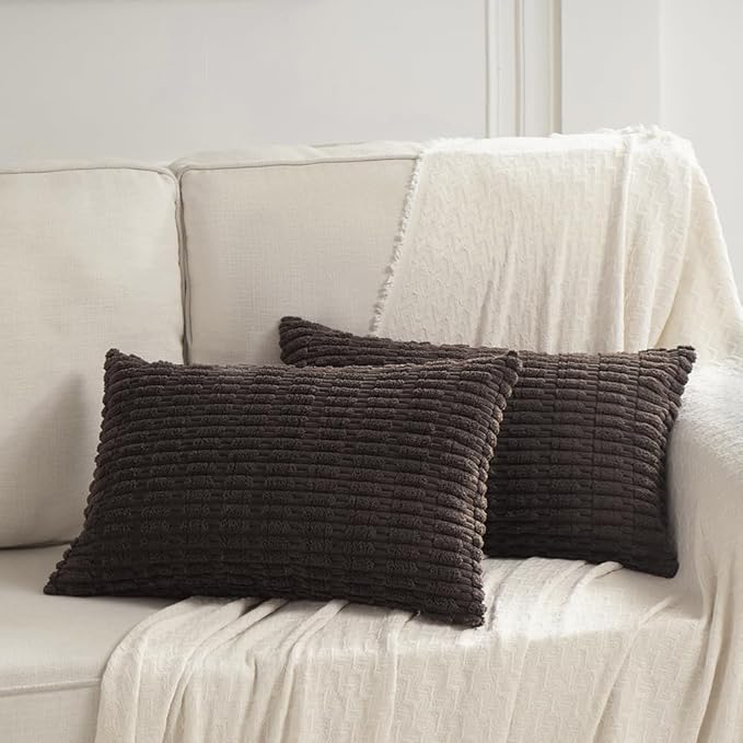 Fancy Homi 4 Packs Boho Dark Brown Decorative Throw Pillow Covers 12x24 Inch for Living Room Couch Bed Sofa, Rustic Modern Farmhouse Home Decor, Soft Plush Corduroy Cute Square Cushion Case 30x60 cm