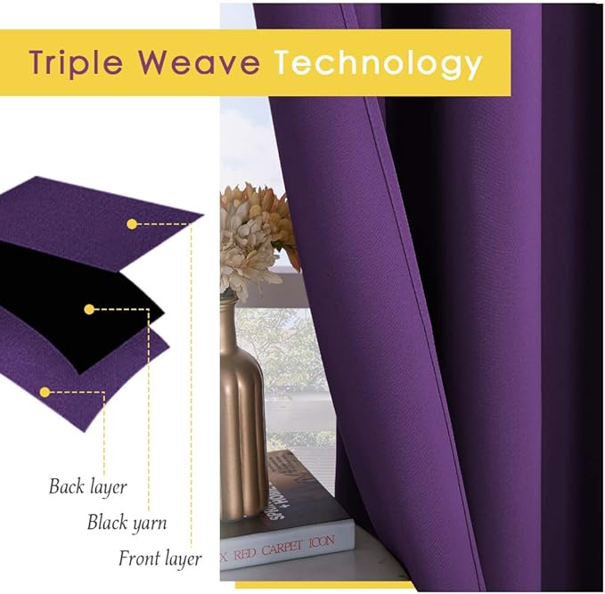 NICETOWN Blackout Curtain Panels for Kids Adult Room, Triple Weave Home Decoration Thermal Insulated Solid Ring Top Blackout Curtains/Drapes (Set of 2, 42 x 54 Inch, Royal Purple)