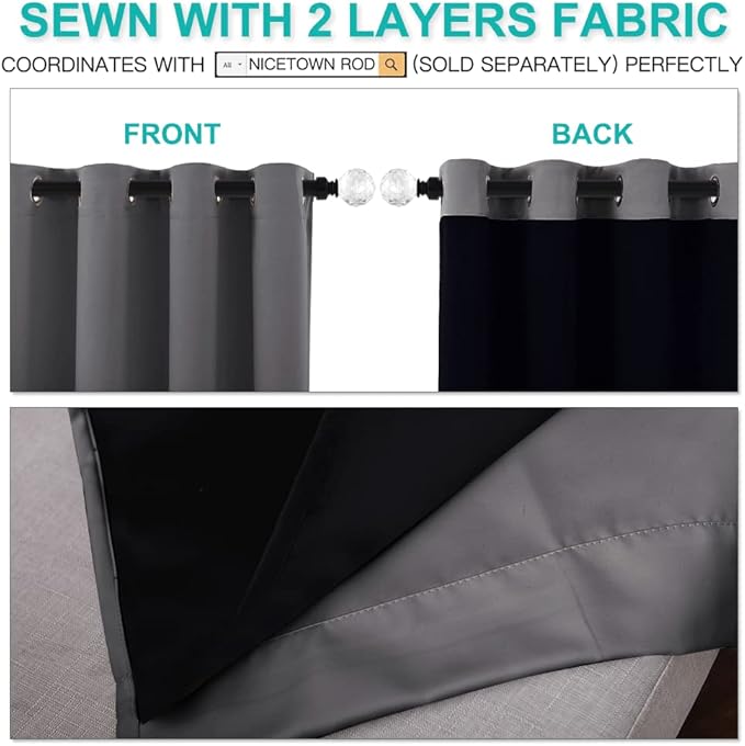 NICETOWN Total Shade Curtains and Draperies, Heavy-Duty Full Light Shading Drapes with Black Liner Backing for Villa/Hall/Dorm Window（Gray, Package of 2, 52 inches Wide x 95 inches Long
