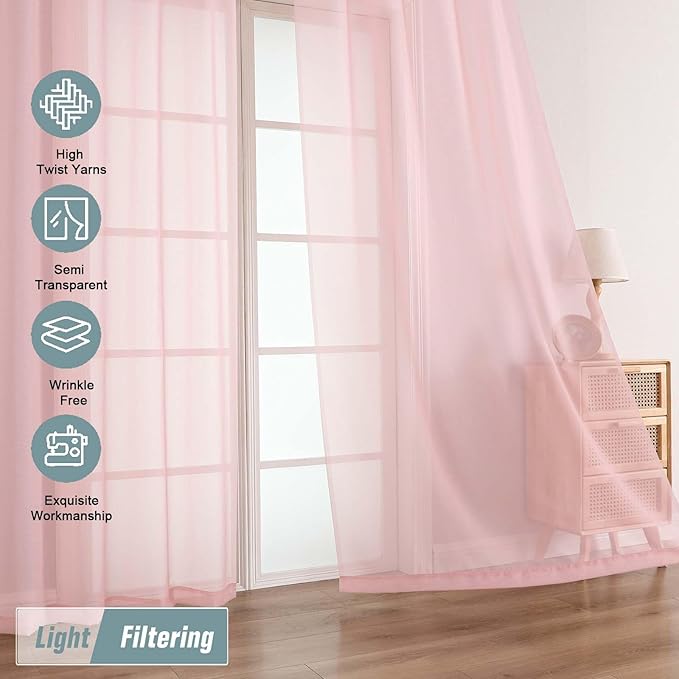 Blush Pink Sheer Curtains 90 Inches Long 2 Panels, Light Filtering Solid Sheer Curtains for Bedroom Living Room, Lightweight Soft Airy Voile Sheer Drapes, Dual Rod Pocket, 2x42Wx90L Inches