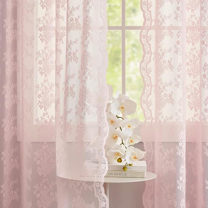 YJ YANJUN Vintage Lace Curtains 84 Inches Long- Pretty Pastel Floral Pink Sheer Curtain Panels for Living Room Girl Bedroom,Light Filtering, Cute Princess Girls Room Drapes 2 Panels 52W x 84L