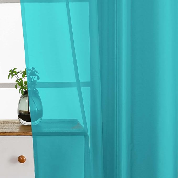 Valances for Windows 14 inch Length 2 Panels, Small Voile Sheer Curtains for Bathroom, Soft Fabric Lightweight Light Filtering Kitchen Curtains, Dual Rod Pocket, Turquoise, 2x42Wx14L Inches