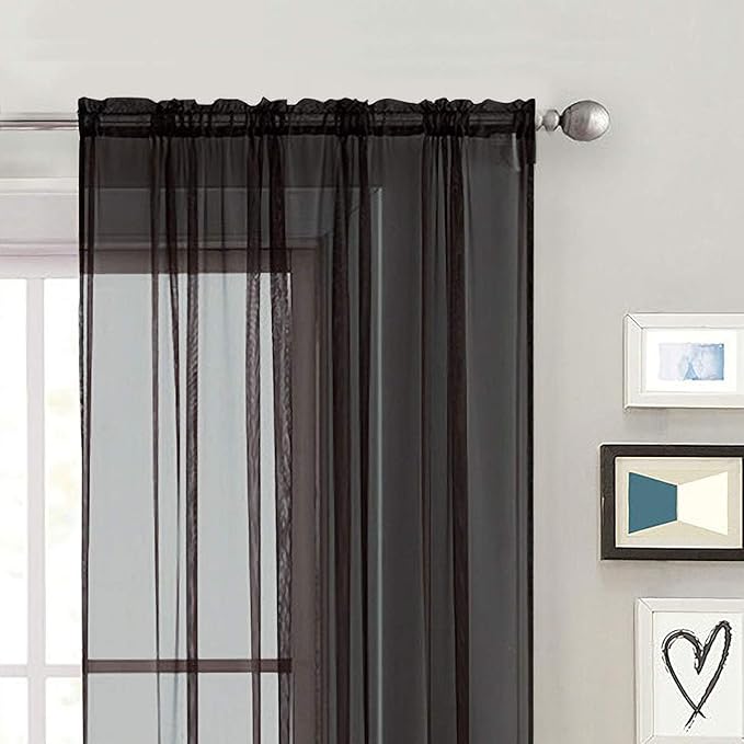 SpaceDresser Basic Rod Pocket Sheer Voile Window Curtain Panels White 1 Pair 2 Panels 60 Width 63 Inch Long for Kitchen Bedroom Children Living Room Yard(Black,60 W x 63 L)