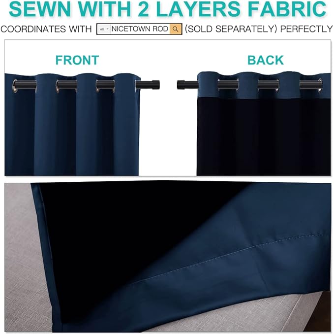 NICETOWN Full Shade Curtain Panels, Pair of Energy Smart & Noise Blocking Out Blackout Drapes for Apartment Window, Thermal Insulated Guest Room Lined Window Dressing(Navy Blue, 52 x 72 inch)