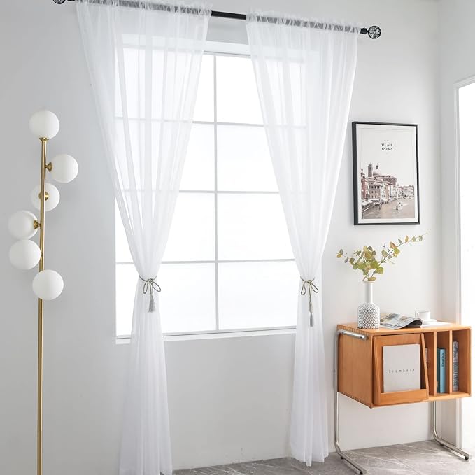 SpaceDresser Basic Rod Pocket Sheer Voile Window Curtain Panels White 1 Pair 2 Panels 60 Width 96 Inch Long for Kitchen Bedroom Children Living Room Yard（White，60Wx 96L）