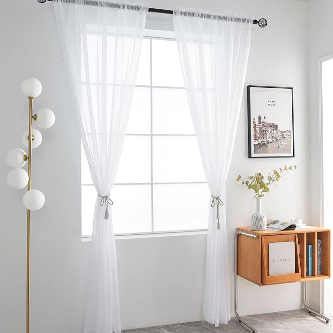 SpaceDresser Basic Rod Pocket Sheer Voile Window Curtain Panels White 1 Pair 2 Panels 52 Width 63 Inch Long for Kitchen Bedroom Children Living Room Yard(White,52 W x 63 L)