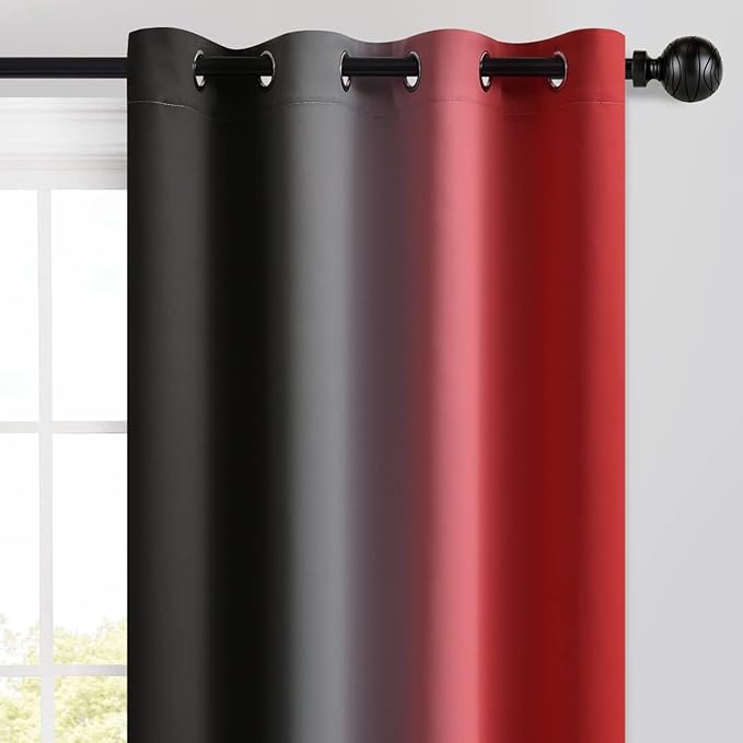 Yakamok Blackout Ombre Red and Black Curtains for Bedroom, Gradient Room Darkening Curtains, Grommet Thermal Insulated Light Blocking Window Drapes/Curtain for Living Room,52 x 84 Inch,2 Panels