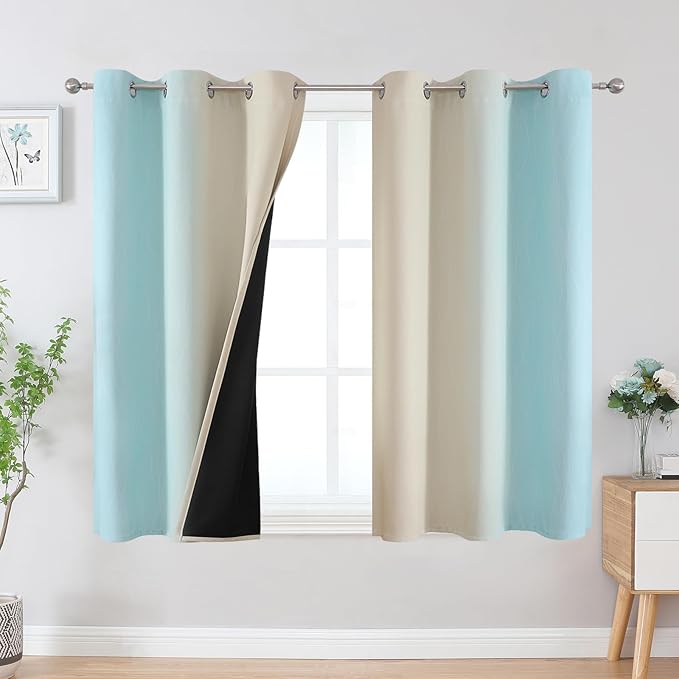 Estelar Textiler Beige and Aqua Ombre Blackout Curtains 45 Inch Length 2 Panels, Full Room Darkening Gradient Drapes for Kitchen, Thermal Insulated Grommet Short Curtains for Bathroom, 42Wx45L