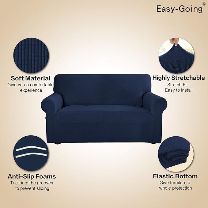 Easy-Going Stretch 4 Seater Sofa Slipcover 1-Piece Sofa Cover Furniture Protector Couch Soft with Elastic Bottom for Kids, Polyester Spandex Jacquard Fabric Small Checks Navy